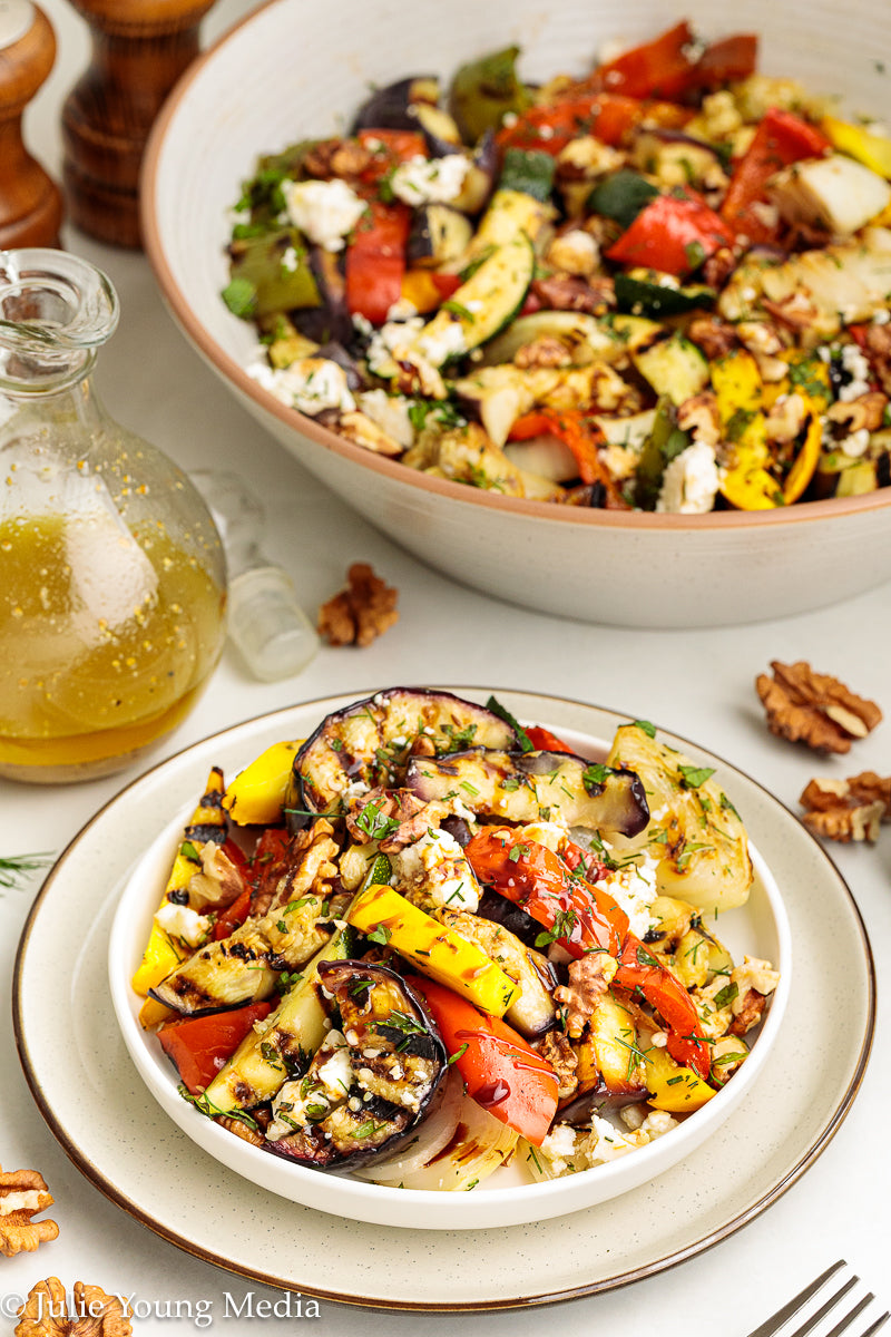 Charred Mediterranean Vegetables with Feta, Herbs, Walnuts & Pomegranate Molasses