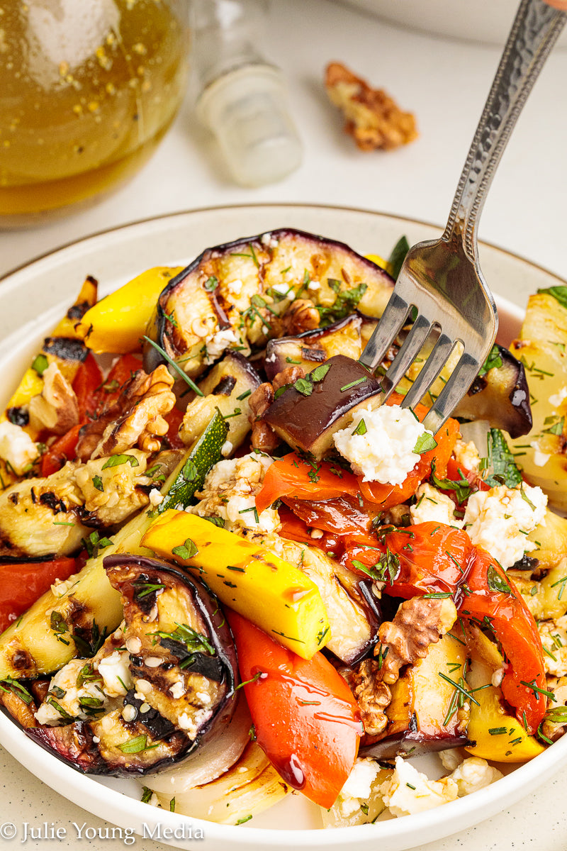 Charred Mediterranean Vegetables with Feta, Herbs, Walnuts & Pomegranate Molasses