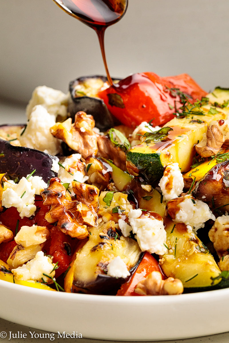 Charred Mediterranean Vegetables with Feta, Herbs, Walnuts & Pomegranate Molasses