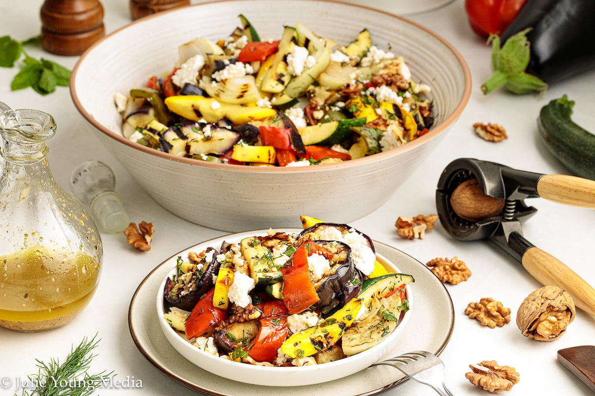 Charred Mediterranean Vegetables with Feta, Herbs, Walnuts & Pomegranate Molasses