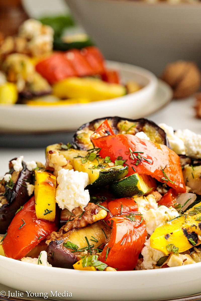 Charred Mediterranean Vegetables with Feta, Herbs, Walnuts & Pomegranate Molasses