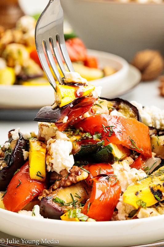 Charred Mediterranean Vegetables with Feta, Herbs, Walnuts & Pomegranate Molasses