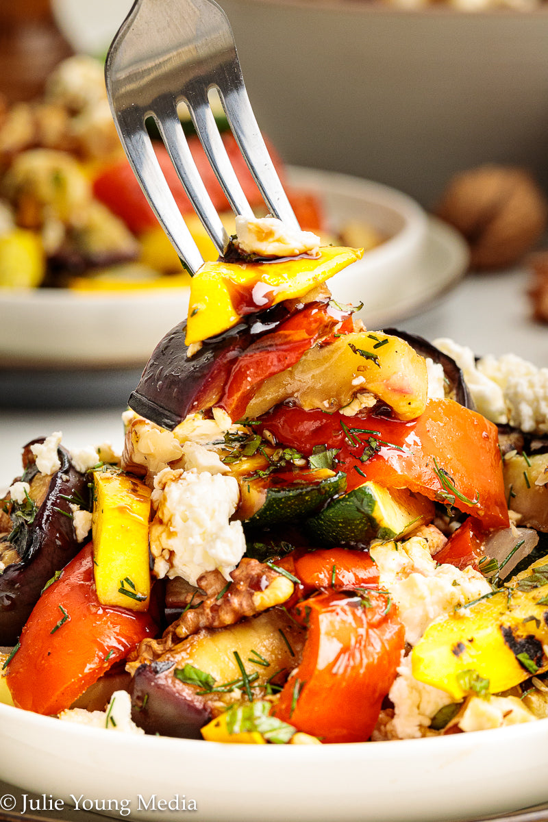 Charred Mediterranean Vegetables with Feta, Herbs, Walnuts & Pomegranate Molasses