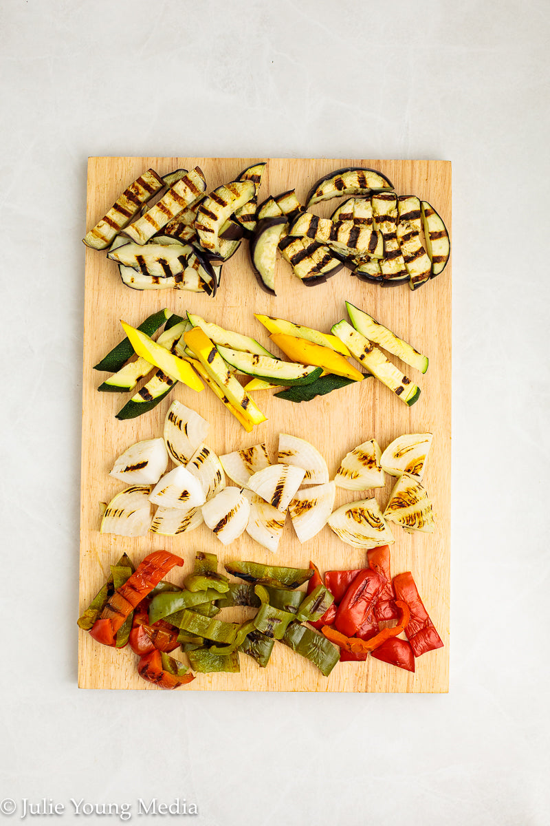 Charred Mediterranean Vegetables with Feta, Herbs, Walnuts & Pomegranate Molasses