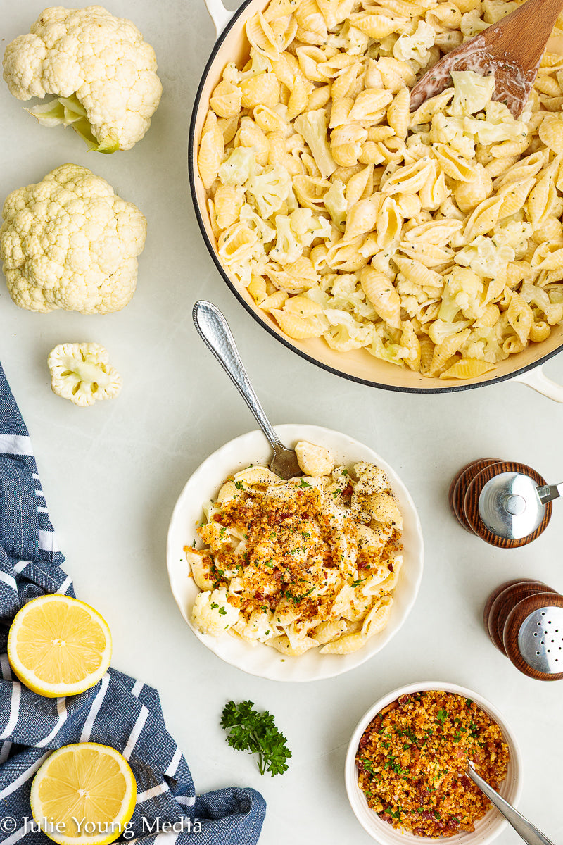 Cauliflower Pasta with Creamy Boursin Sauce and Bacon Pangrattato (breadcrumbs)