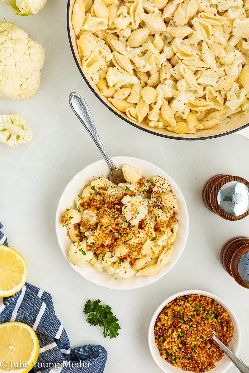 Cauliflower Pasta with Creamy Boursin Sauce and Bacon Pangrattato (breadcrumbs)