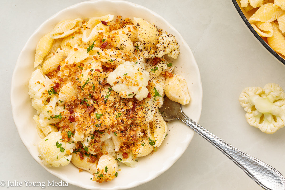 Cauliflower Pasta with Creamy Boursin Sauce and Bacon Pangrattato (breadcrumbs)