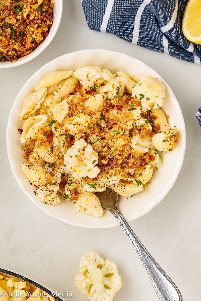 Cauliflower Pasta with Creamy Boursin Sauce and Bacon Pangrattato (breadcrumbs)
