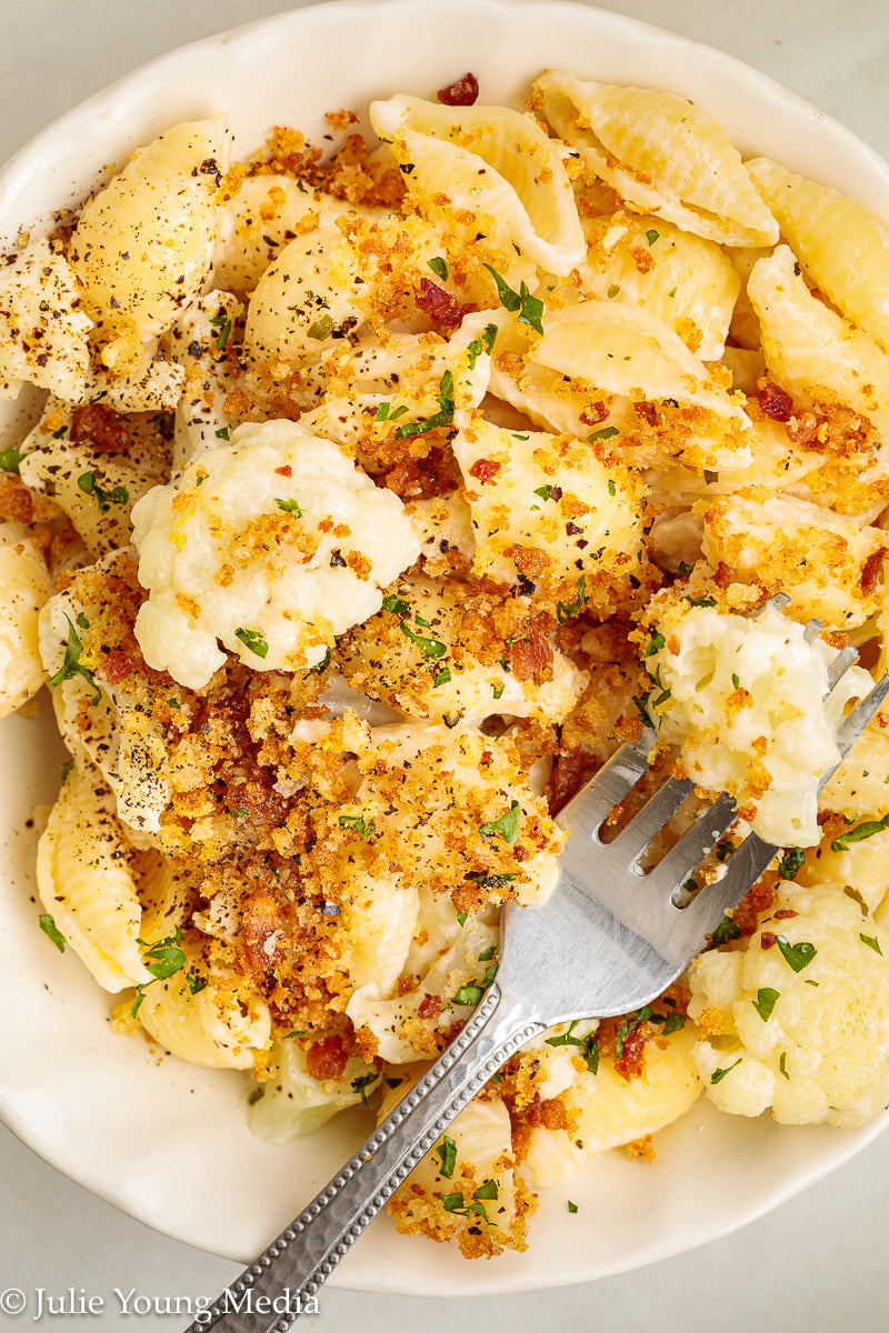 Cauliflower Pasta with Creamy Boursin Sauce and Bacon Pangrattato (breadcrumbs)