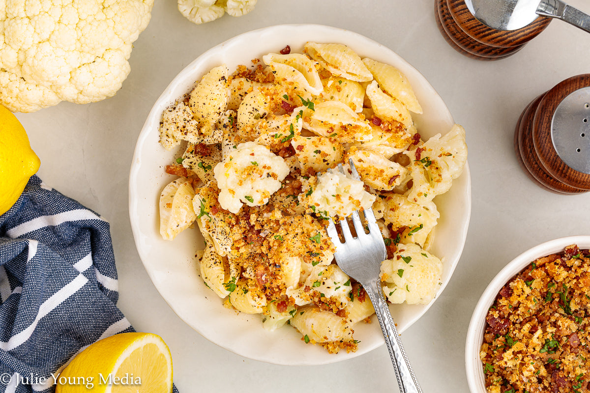 Cauliflower Pasta with Creamy Boursin Sauce and Bacon Pangrattato (breadcrumbs)
