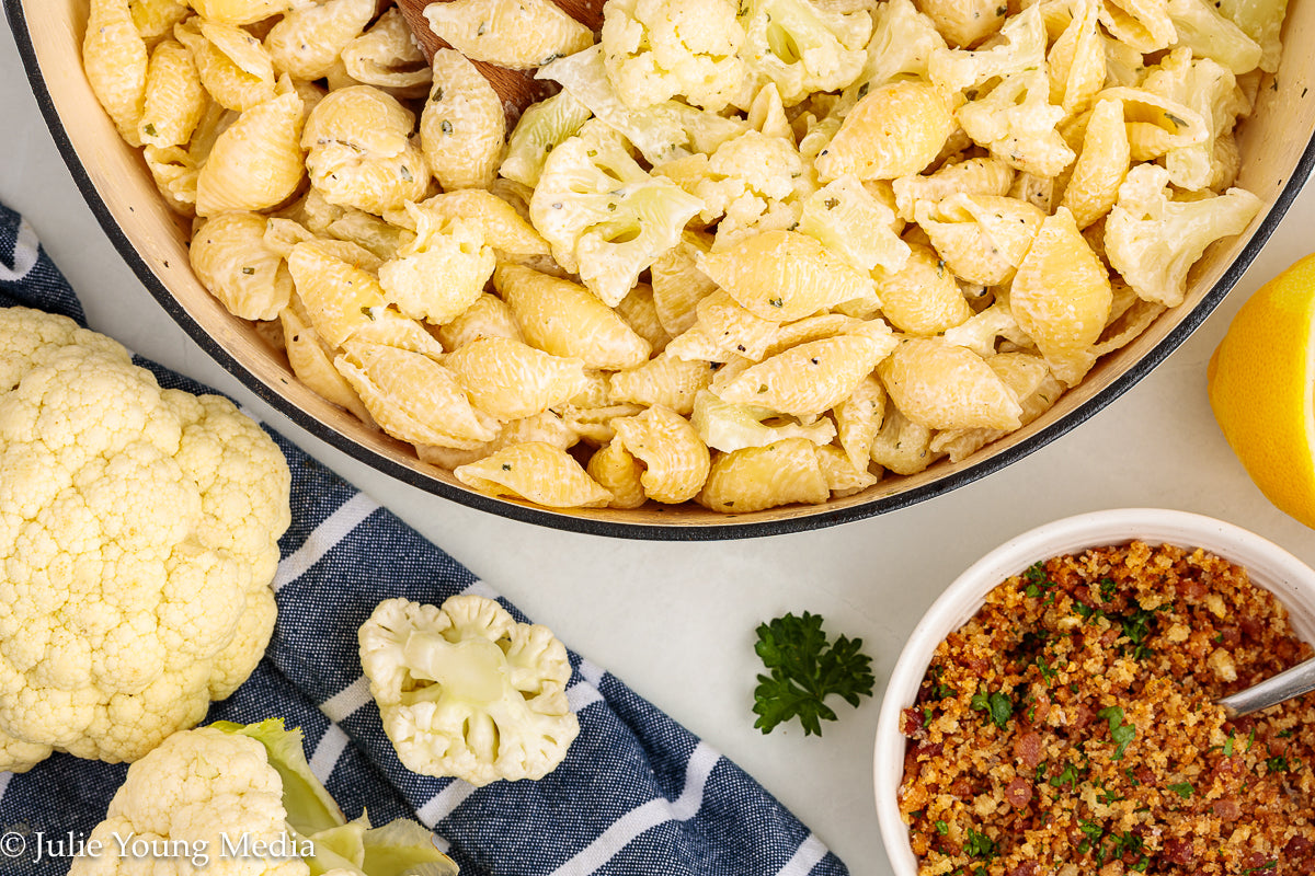 Cauliflower Pasta with Creamy Boursin Sauce and Bacon Pangrattato (breadcrumbs)