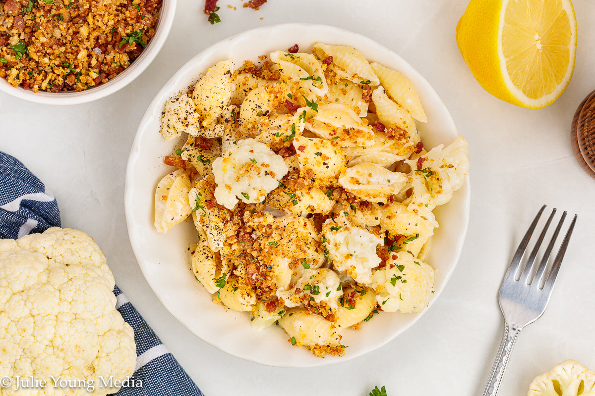 Cauliflower Pasta with Creamy Boursin Sauce and Bacon Pangrattato (breadcrumbs)