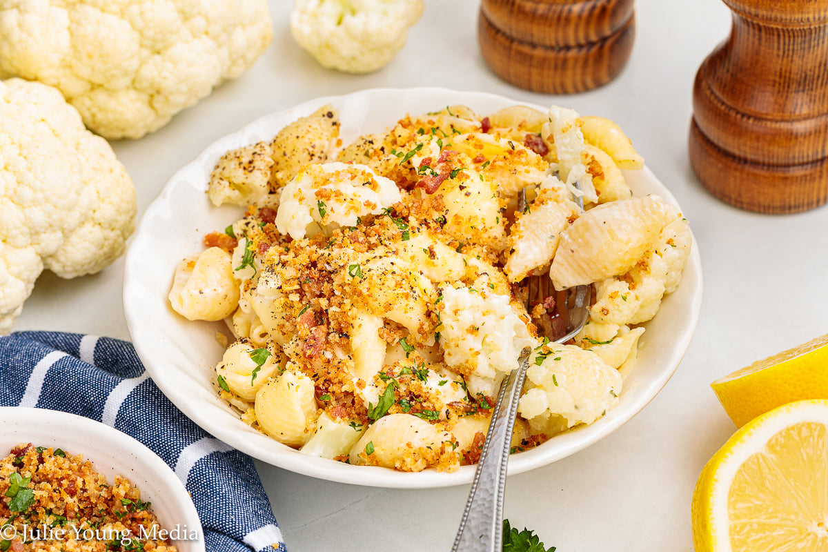 Cauliflower Pasta with Creamy Boursin Sauce and Bacon Pangrattato (breadcrumbs)