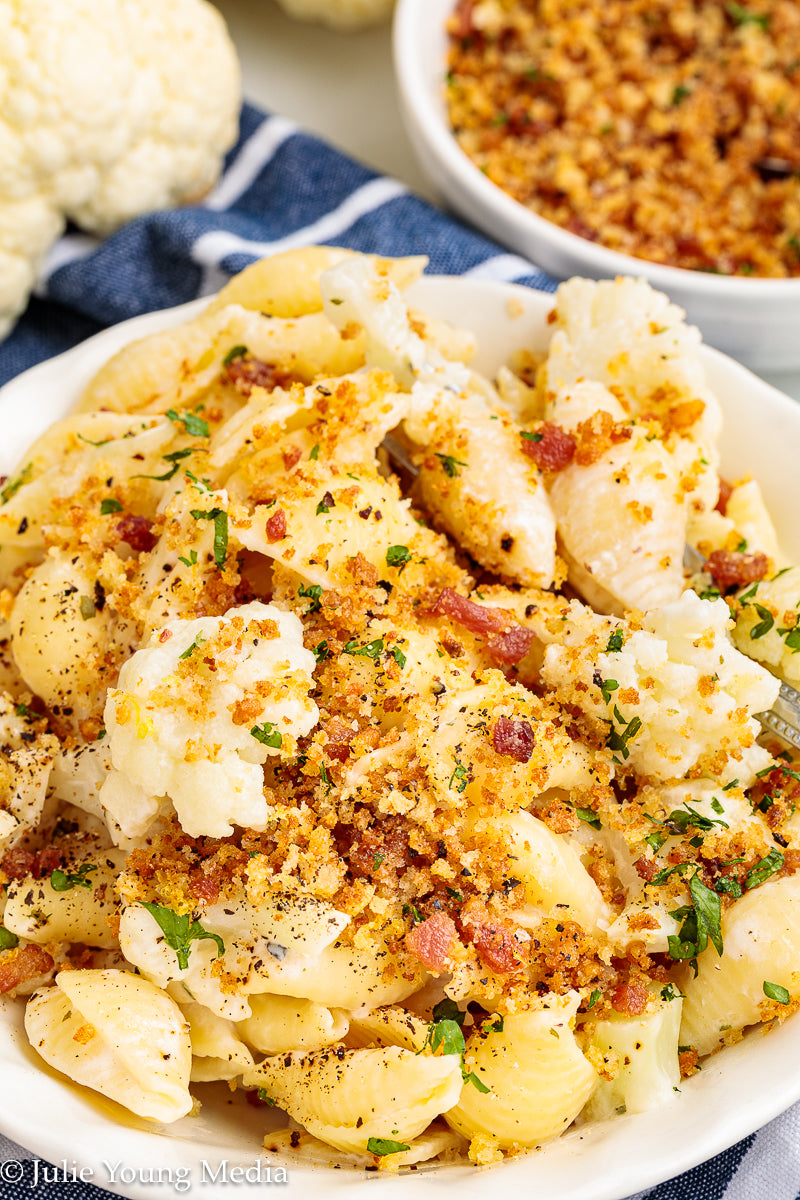Cauliflower Pasta with Creamy Boursin Sauce and Bacon Pangrattato (breadcrumbs)