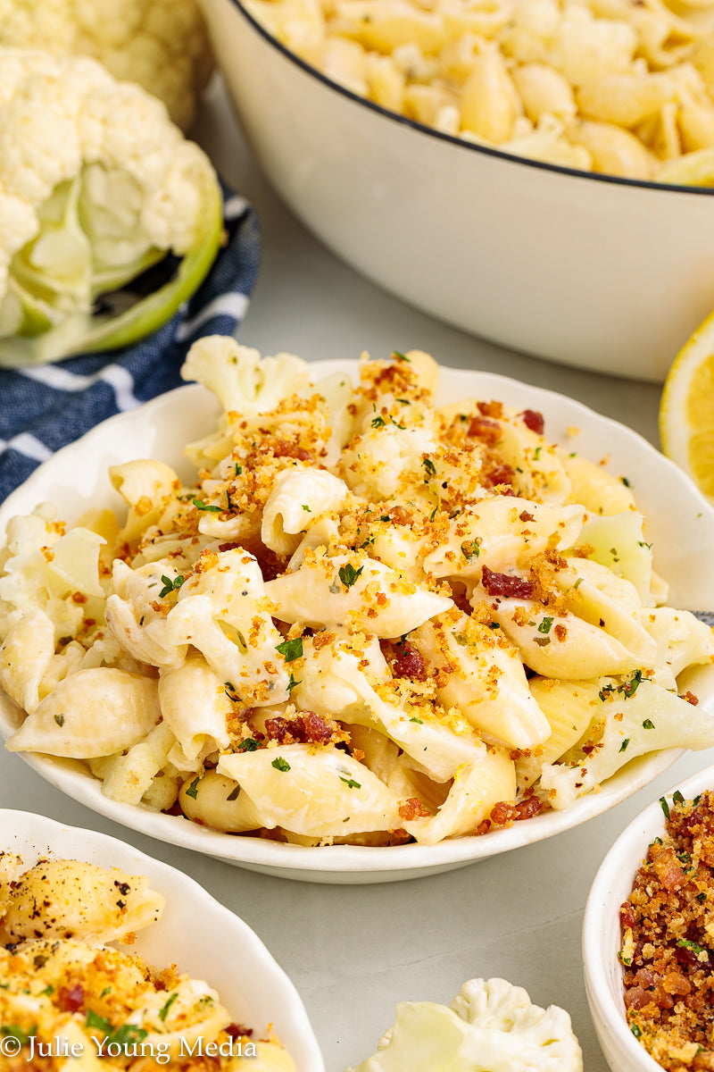 Cauliflower Pasta with Creamy Boursin Sauce and Bacon Pangrattato (breadcrumbs)