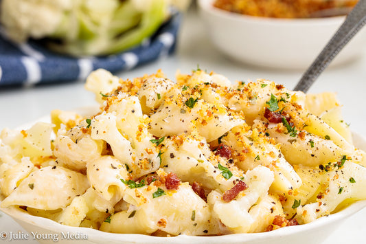 Cauliflower Pasta with Creamy Boursin Sauce and Bacon Pangrattato (breadcrumbs)