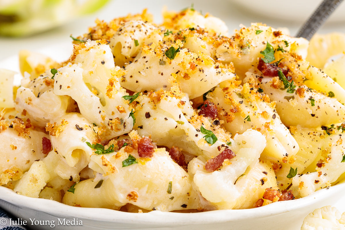 Cauliflower Pasta with Creamy Boursin Sauce and Bacon Pangrattato (breadcrumbs)