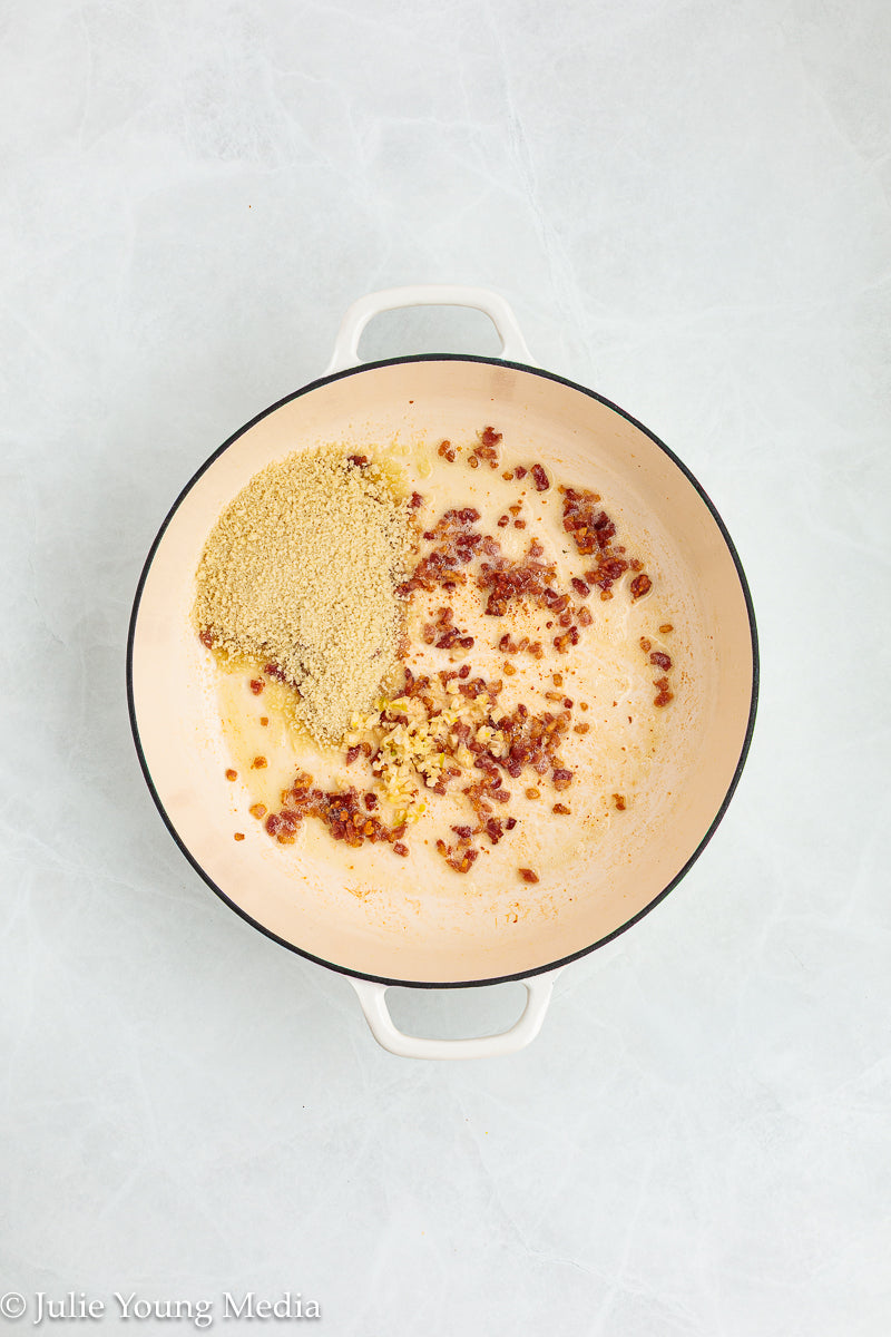 Cauliflower Pasta with Creamy Boursin Sauce and Bacon Pangrattato (breadcrumbs)