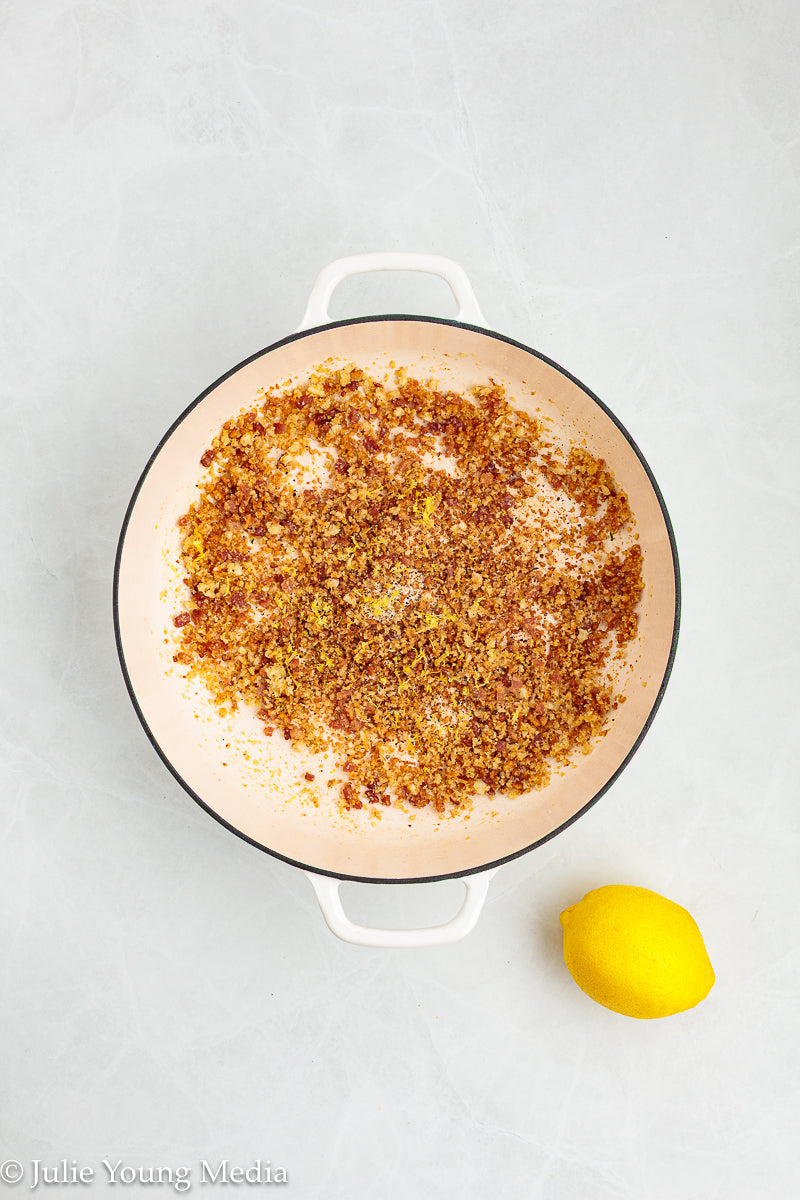 Cauliflower Pasta with Creamy Boursin Sauce and Bacon Pangrattato (breadcrumbs)
