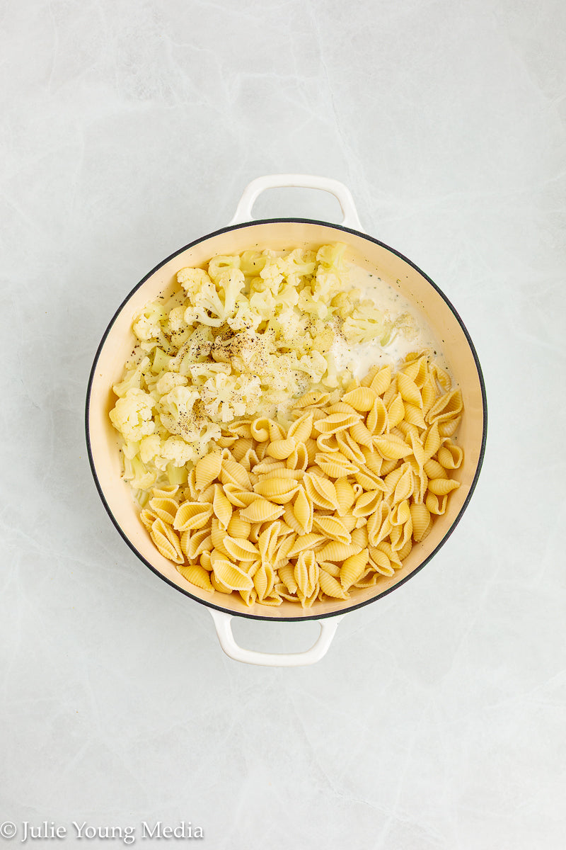 Cauliflower Pasta with Creamy Boursin Sauce and Bacon Pangrattato (breadcrumbs)