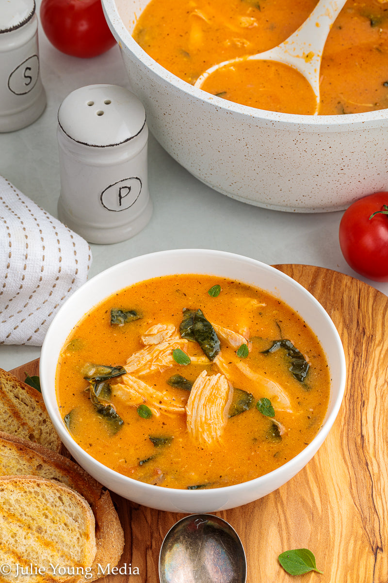 Creamy Tomato Soup with Chicken and Kale