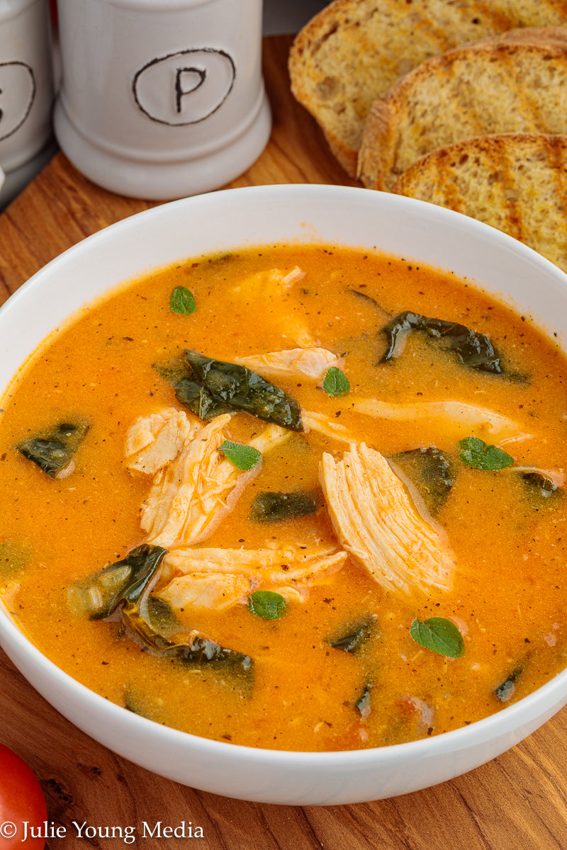 Creamy Tomato Soup with Chicken and Kale