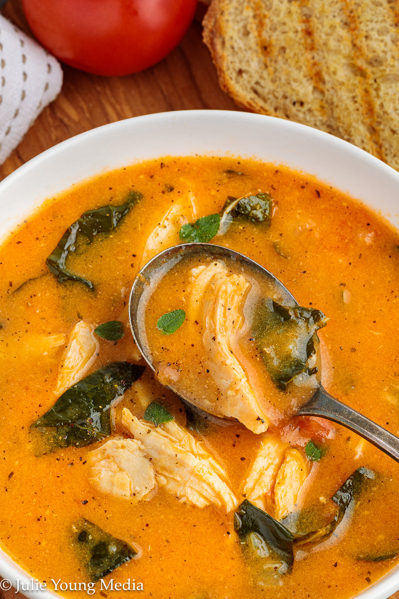 Creamy Tomato Soup with Chicken and Kale