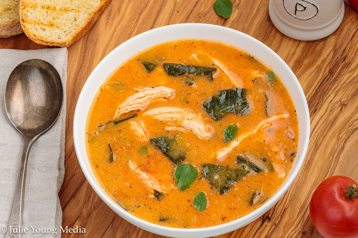Creamy Tomato Soup with Chicken and Kale