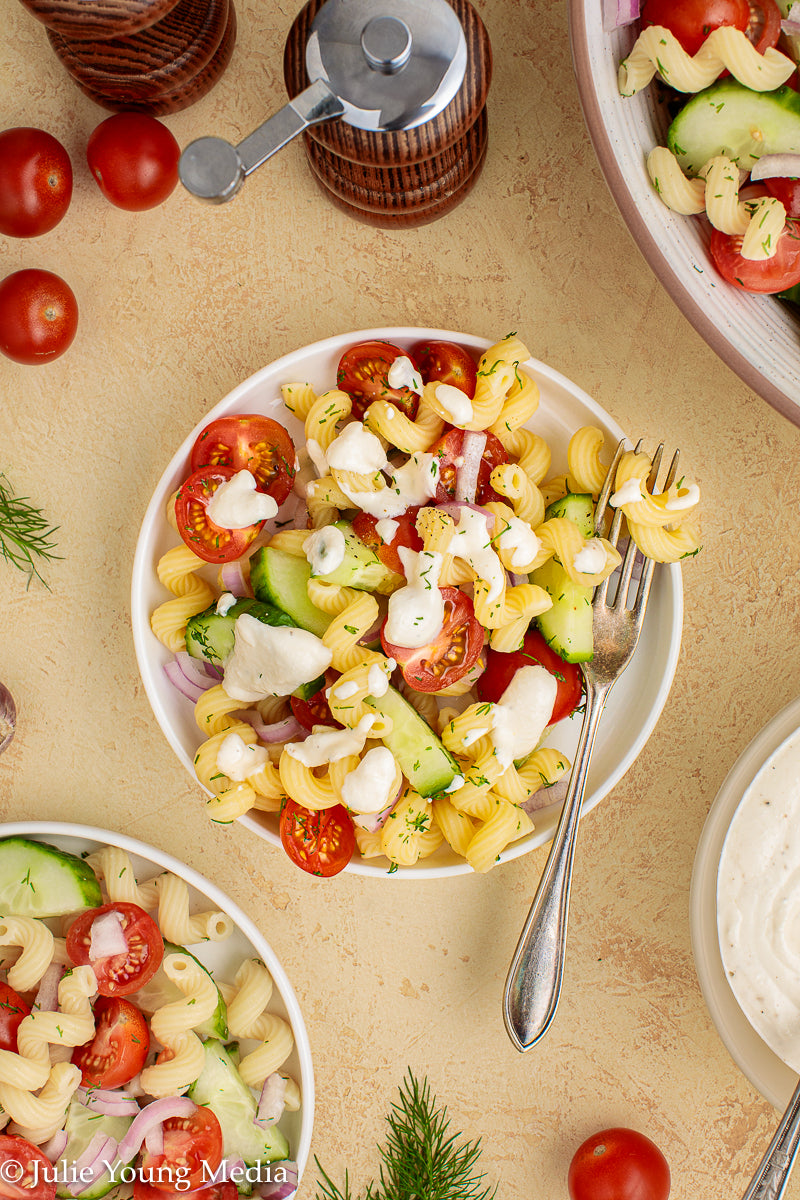 Cucumber Tomato Noodle Salad with Creamy Feta Dressing