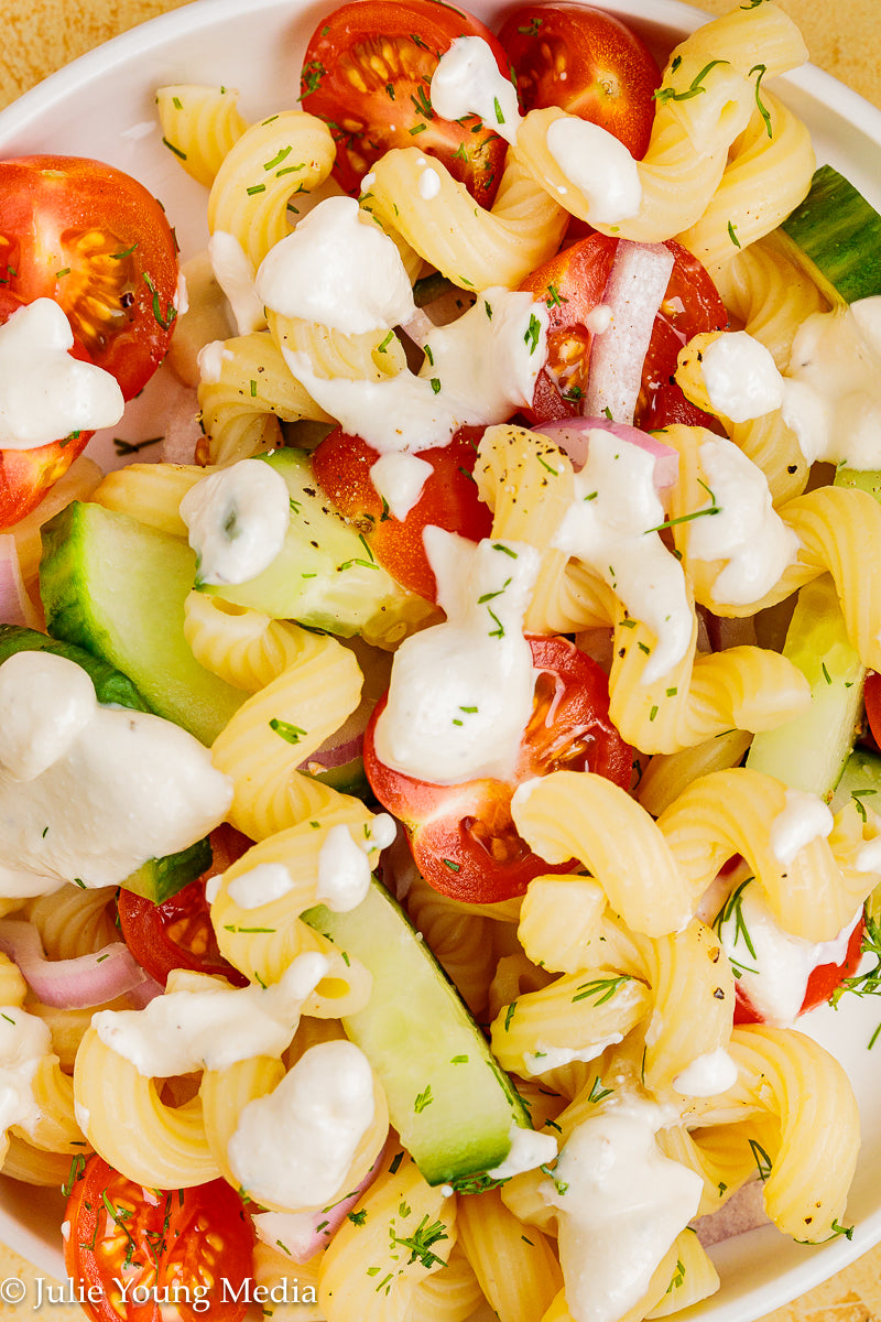 Cucumber Tomato Noodle Salad with Creamy Feta Dressing