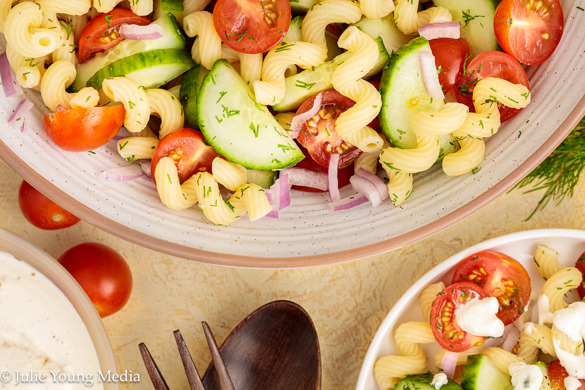 Cucumber Tomato Noodle Salad with Creamy Feta Dressing
