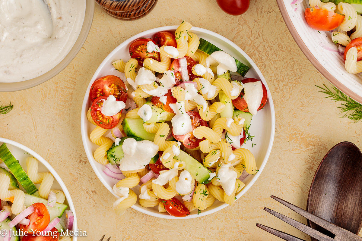 Cucumber Tomato Noodle Salad with Creamy Feta Dressing