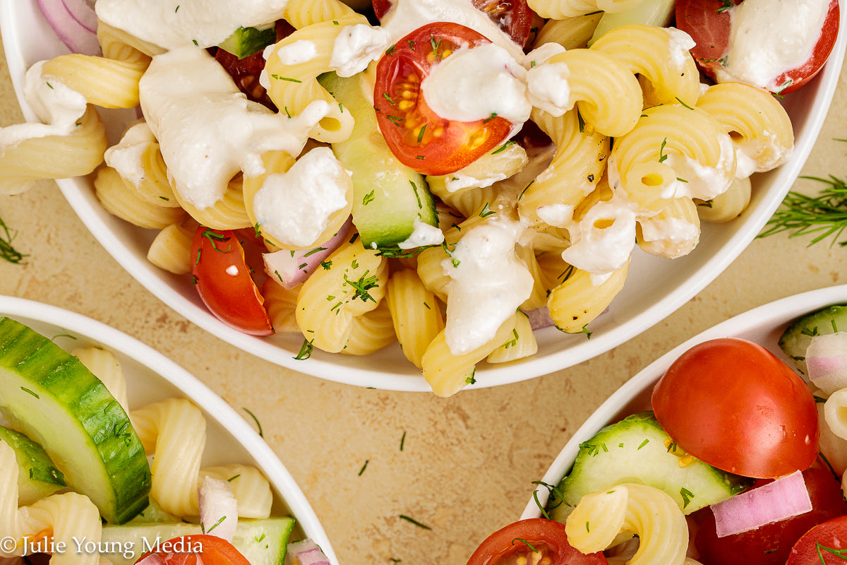 Cucumber Tomato Noodle Salad with Creamy Feta Dressing