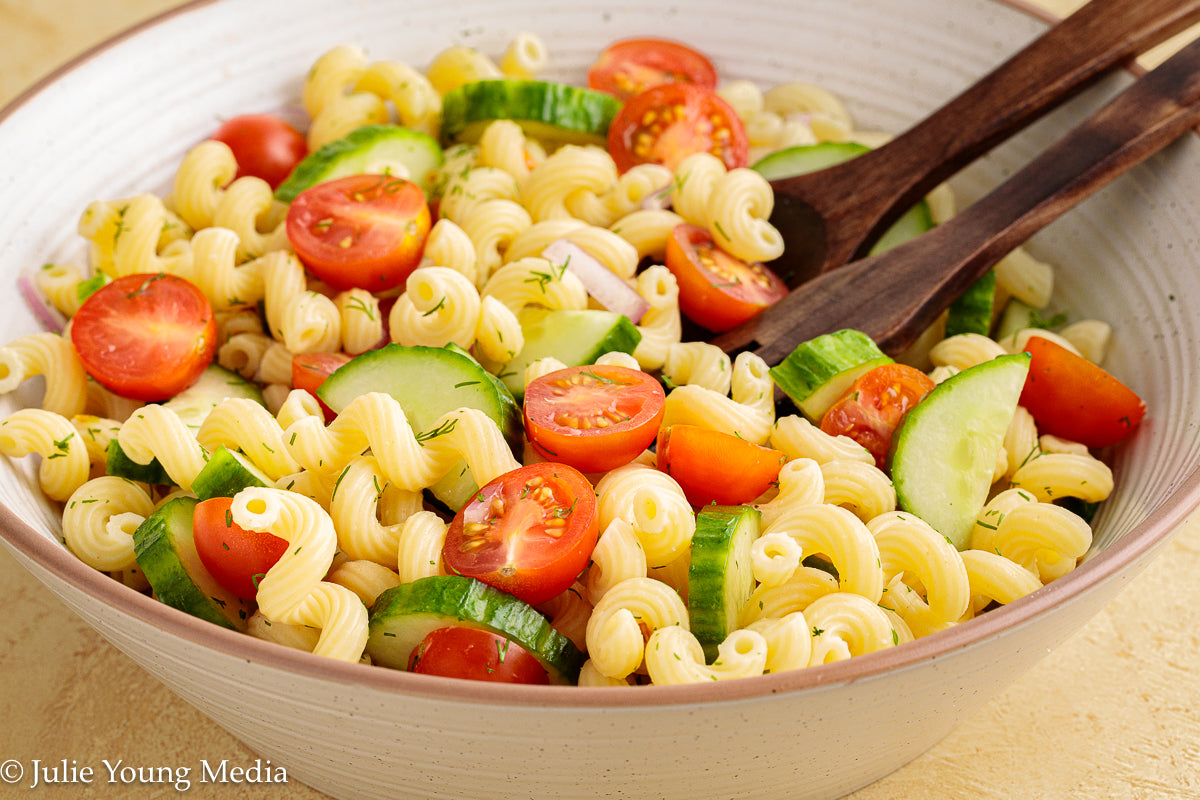 Cucumber Tomato Noodle Salad with Creamy Feta Dressing