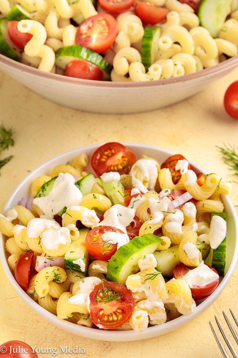 Cucumber Tomato Noodle Salad with Creamy Feta Dressing