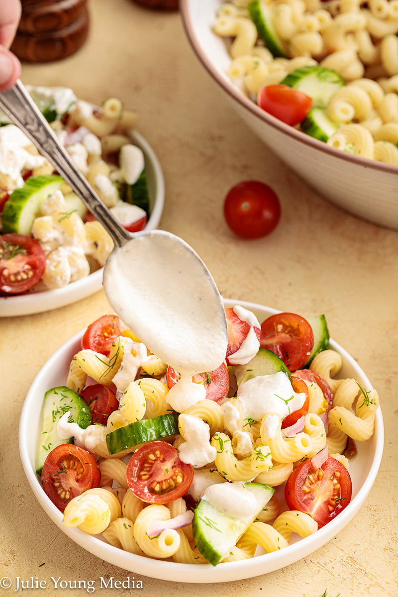 Cucumber Tomato Noodle Salad with Creamy Feta Dressing