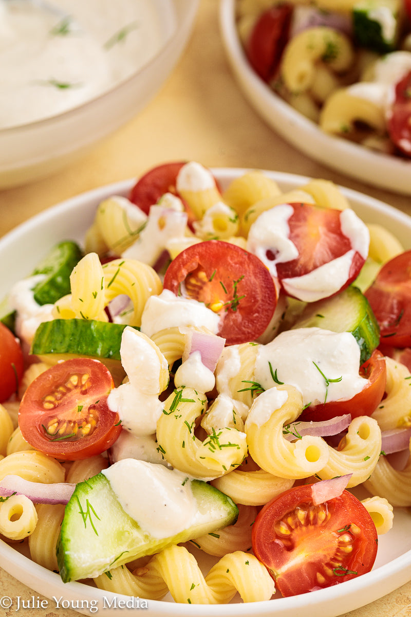 Cucumber Tomato Noodle Salad with Creamy Feta Dressing