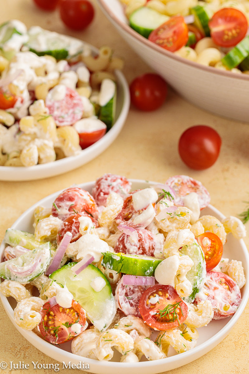 Cucumber Tomato Noodle Salad with Creamy Feta Dressing