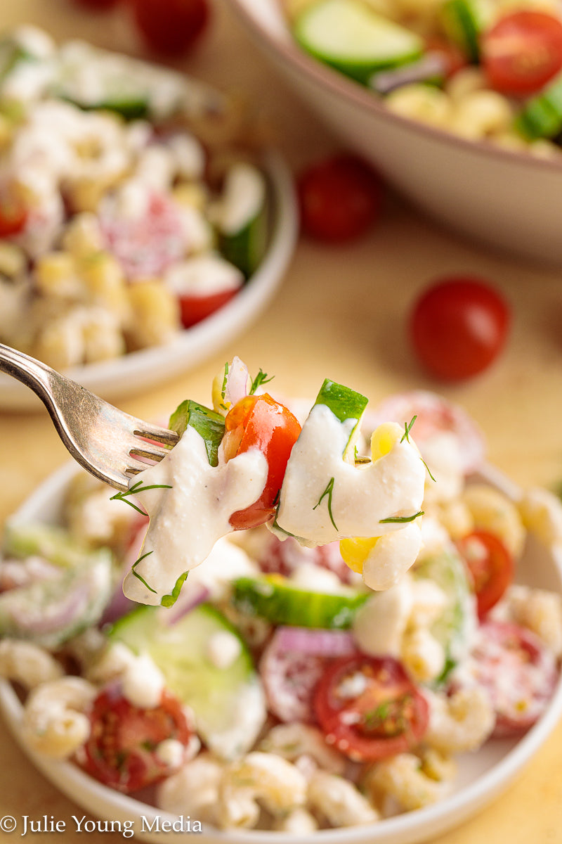 Cucumber Tomato Noodle Salad with Creamy Feta Dressing
