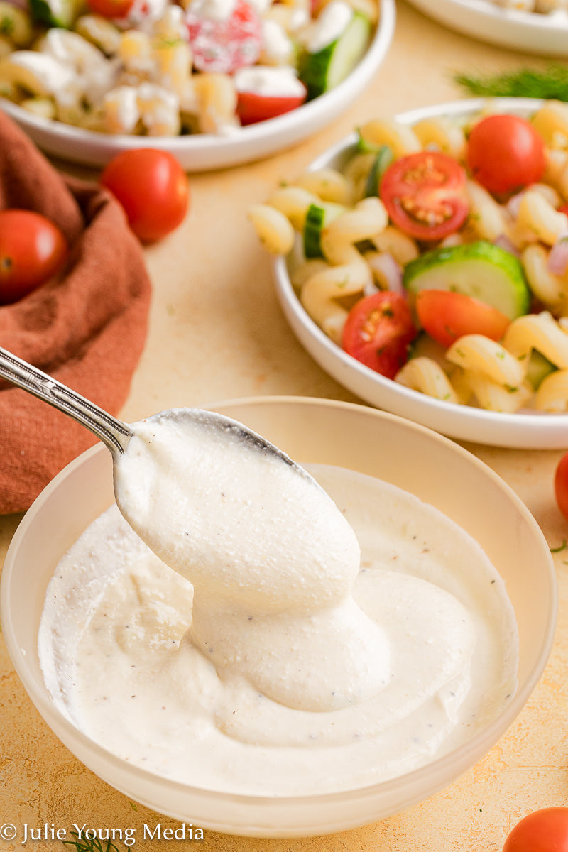 Cucumber Tomato Noodle Salad with Creamy Feta Dressing