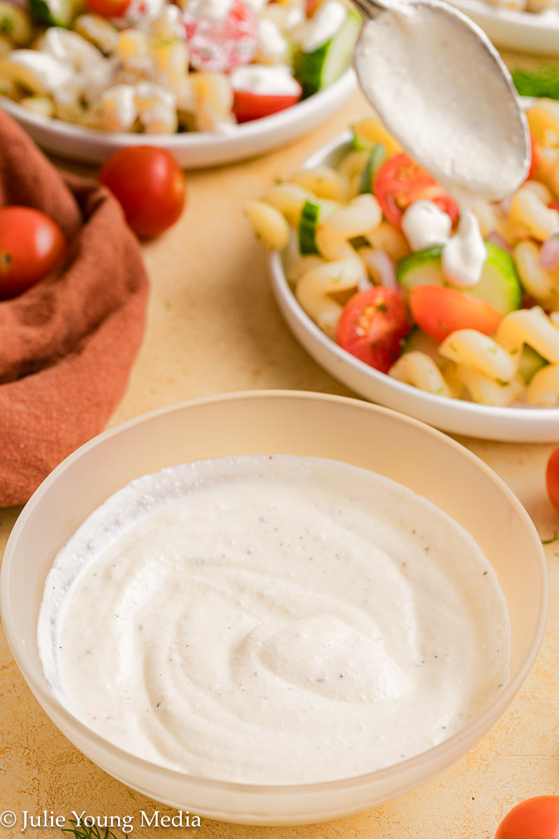 Cucumber Tomato Noodle Salad with Creamy Feta Dressing