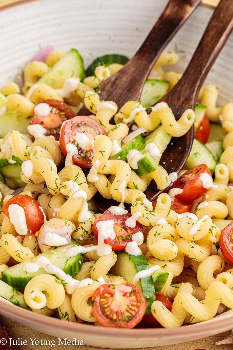 Cucumber Tomato Noodle Salad with Creamy Feta Dressing