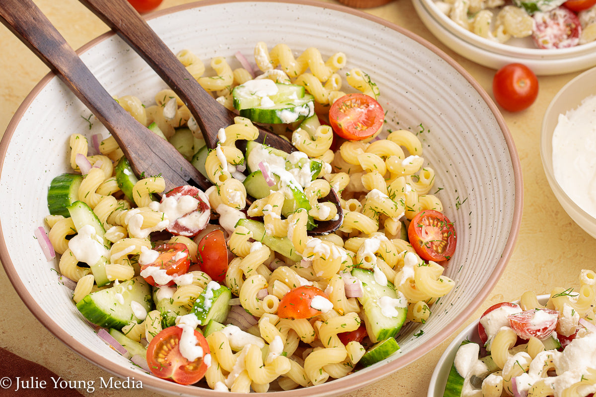 Cucumber Tomato Noodle Salad with Creamy Feta Dressing