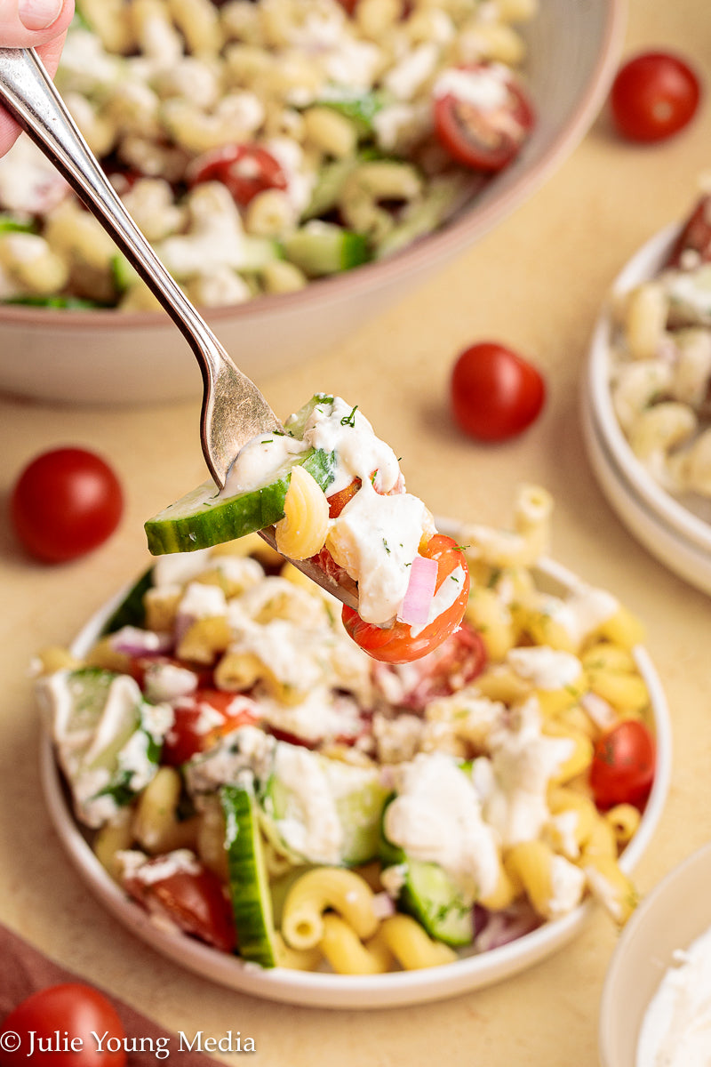 Cucumber Tomato Noodle Salad with Creamy Feta Dressing