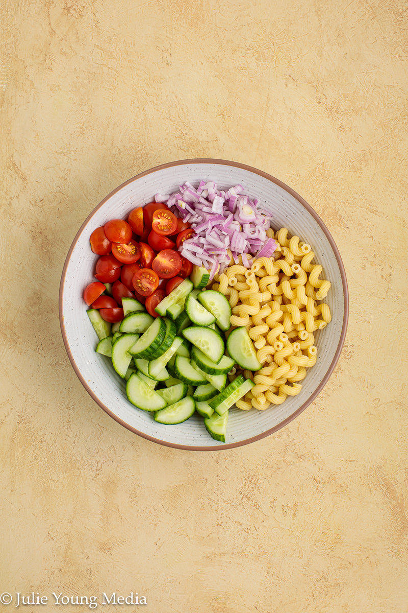 Cucumber Tomato Noodle Salad with Creamy Feta Dressing