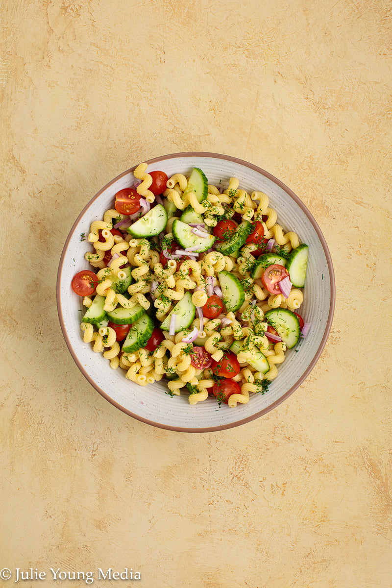 Cucumber Tomato Noodle Salad with Creamy Feta Dressing