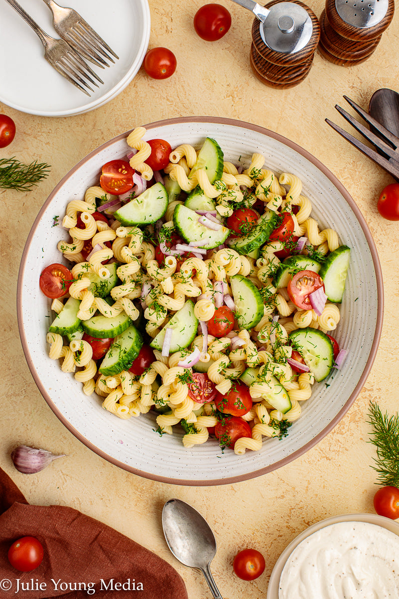 Cucumber Tomato Noodle Salad with Creamy Feta Dressing