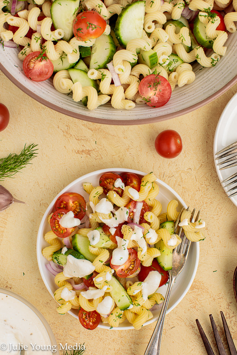 Cucumber Tomato Noodle Salad with Creamy Feta Dressing