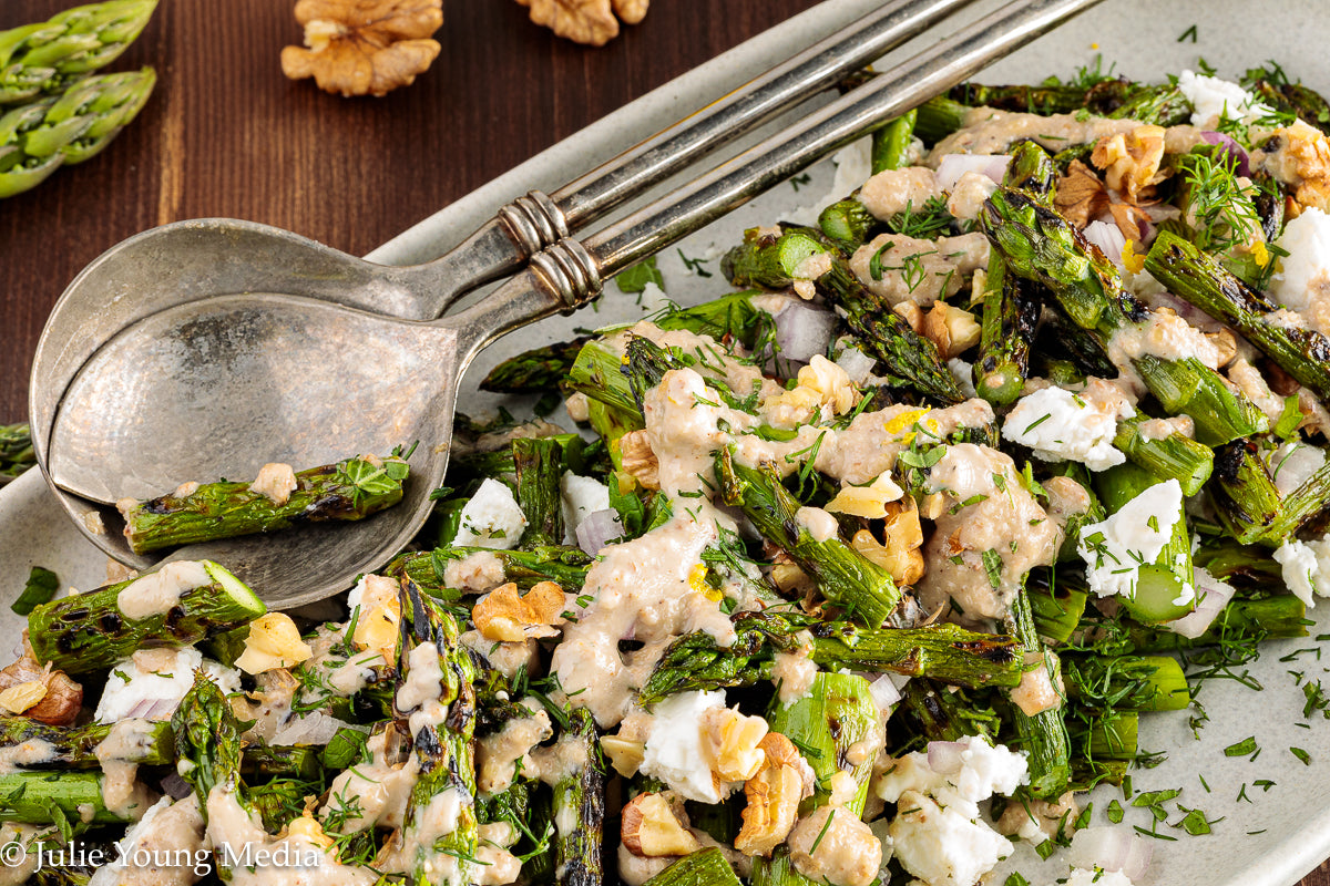Grilled Asparagus Salad with Walnuts Feta and Herbs