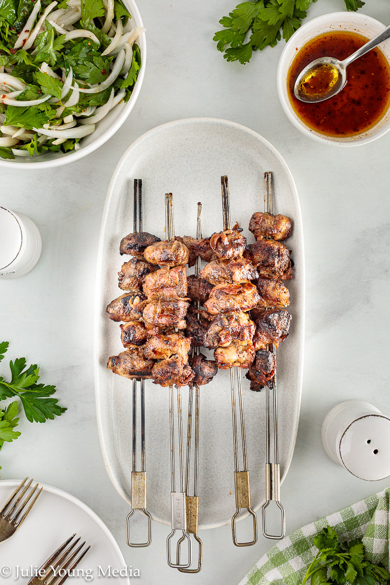 Grilled Liver and Bacon Skewers + Onion Parsley Salad